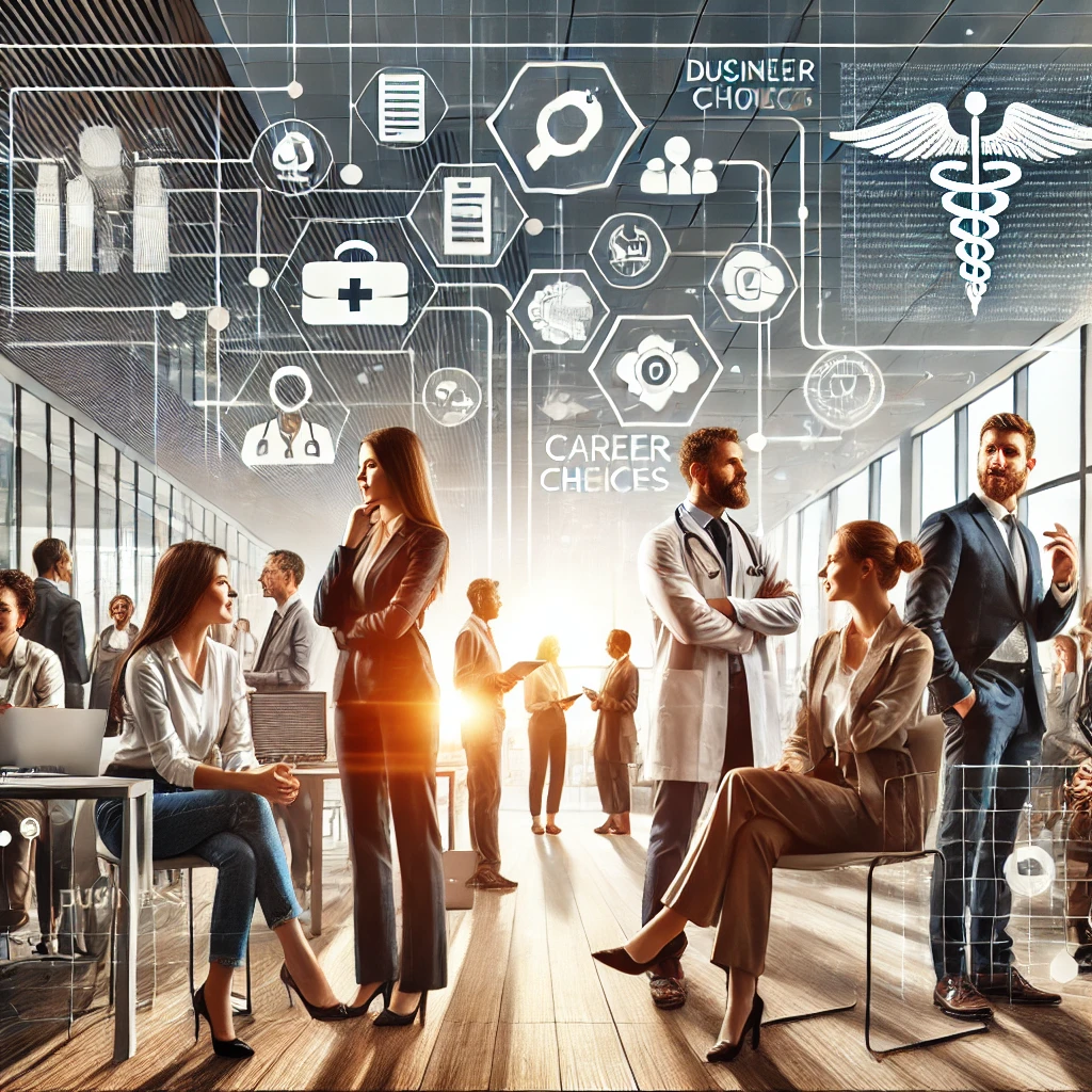 A diverse group of professionals, including doctors, businesspeople, and office workers, interacting in a modern office space with holographic icons representing career choices, medical symbols, and business-related visuals in the background.