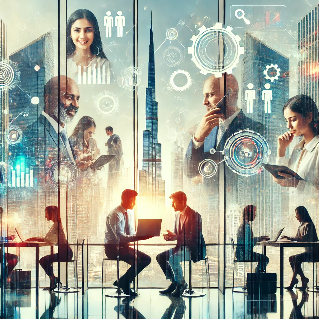 Diverse professionals working in a modern Dubai office with the Burj Khalifa visible through large glass windows. Digital overlays of career icons such as gears, briefcases, and bar charts highlight technology and career growth.